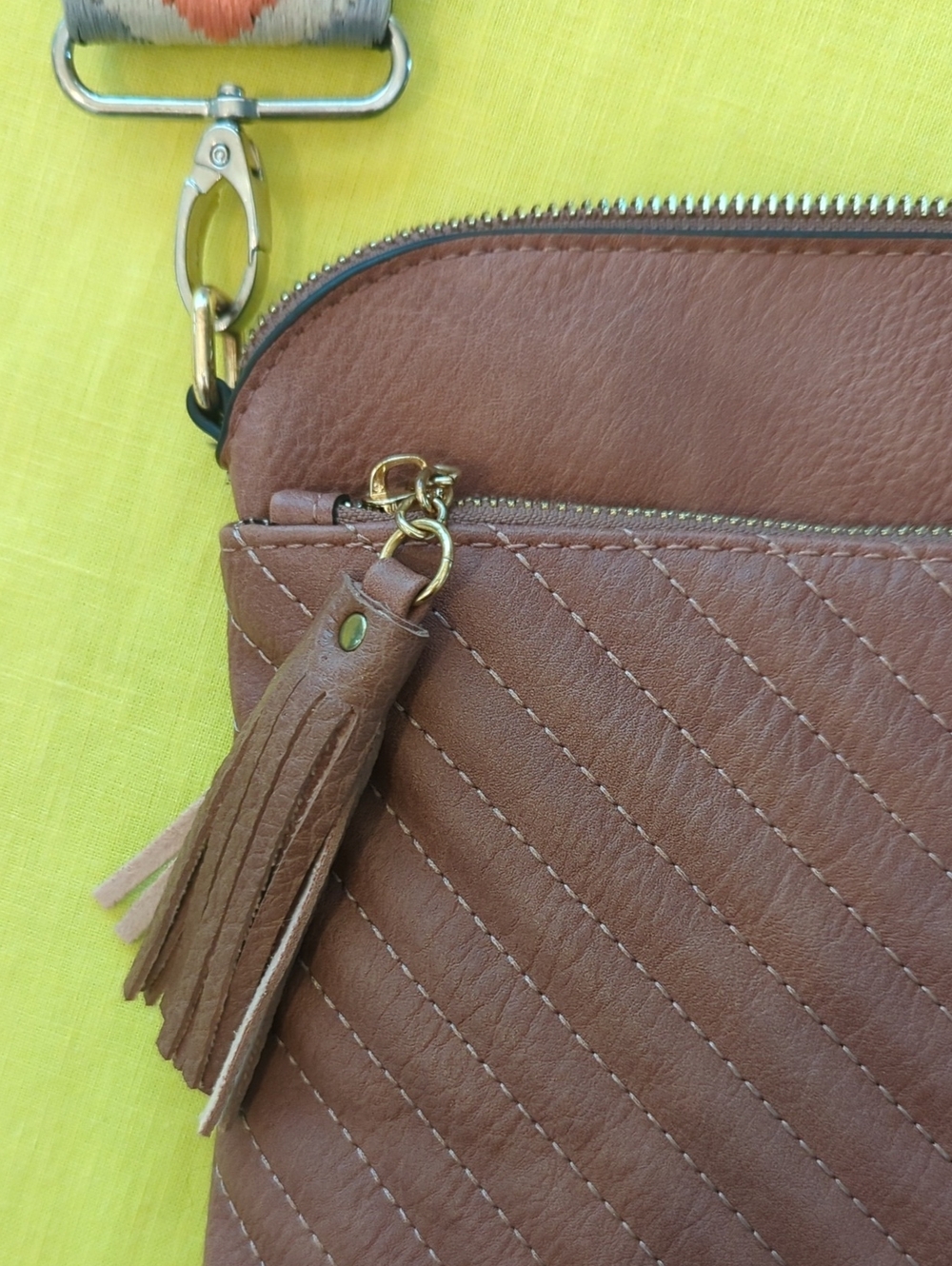 Brown Quilted Crossbody Bag with Patterned Strap - Picture 4 of 14